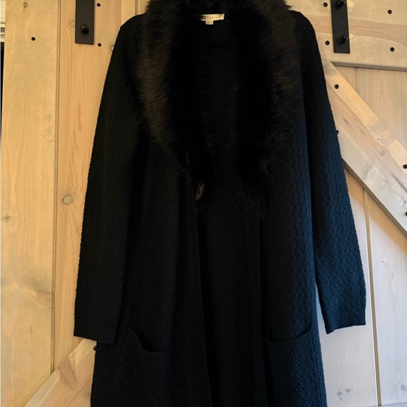 NWOT Lovestitch Black Faux Fur Trim Coatigan - Picture 2 of 14